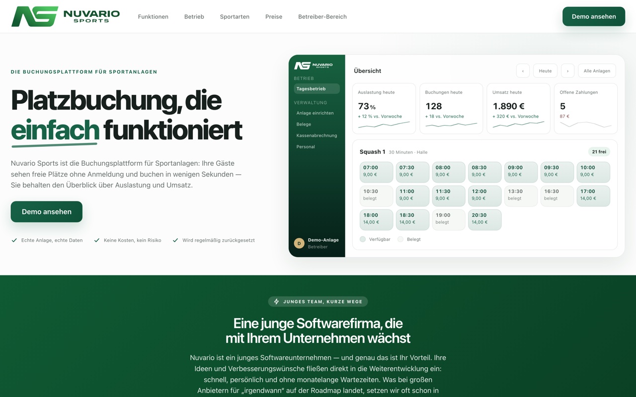 Nuvario Sports – Betreiber-Dashboard am Desktop